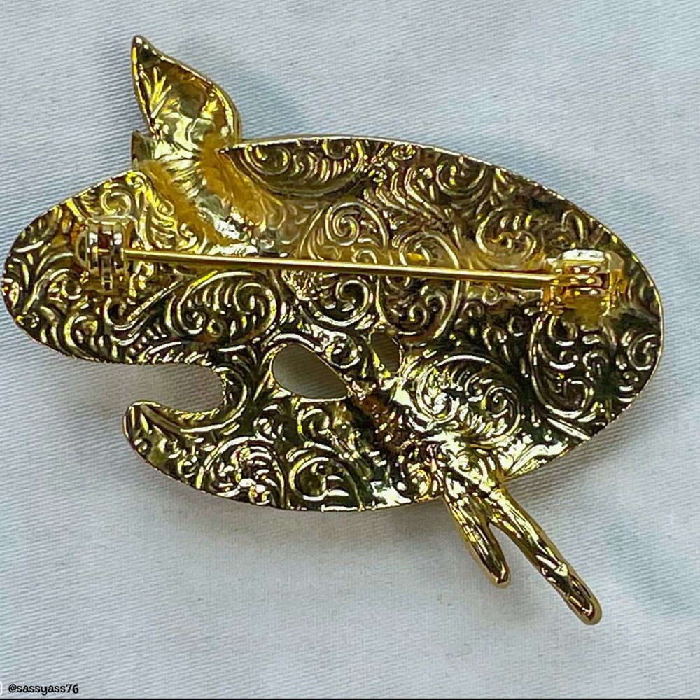 ▪️VTG▪️1980's Textured Gold-Tone Artist Palette With Faux Pearl Paint Brooch - Picture 4 of 4